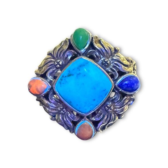 Sterling Silver Multi-Stone Ring Turquoise Lapis Purple Spiny Oyster - Picture 3 of 14